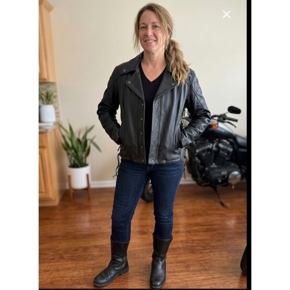 First Classics Leather Biker Jacket Womens XL Black Side Lace Moto Biker Y2K